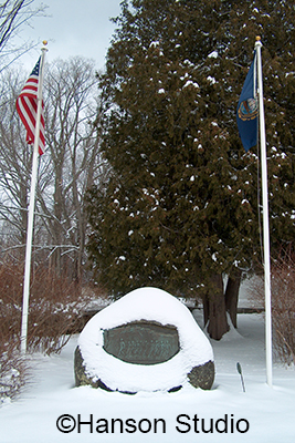 Francestown, NH - Stone with Snow and Flags - V